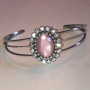 Silver Tone Pink Crystal Halo Cuff Bracelet